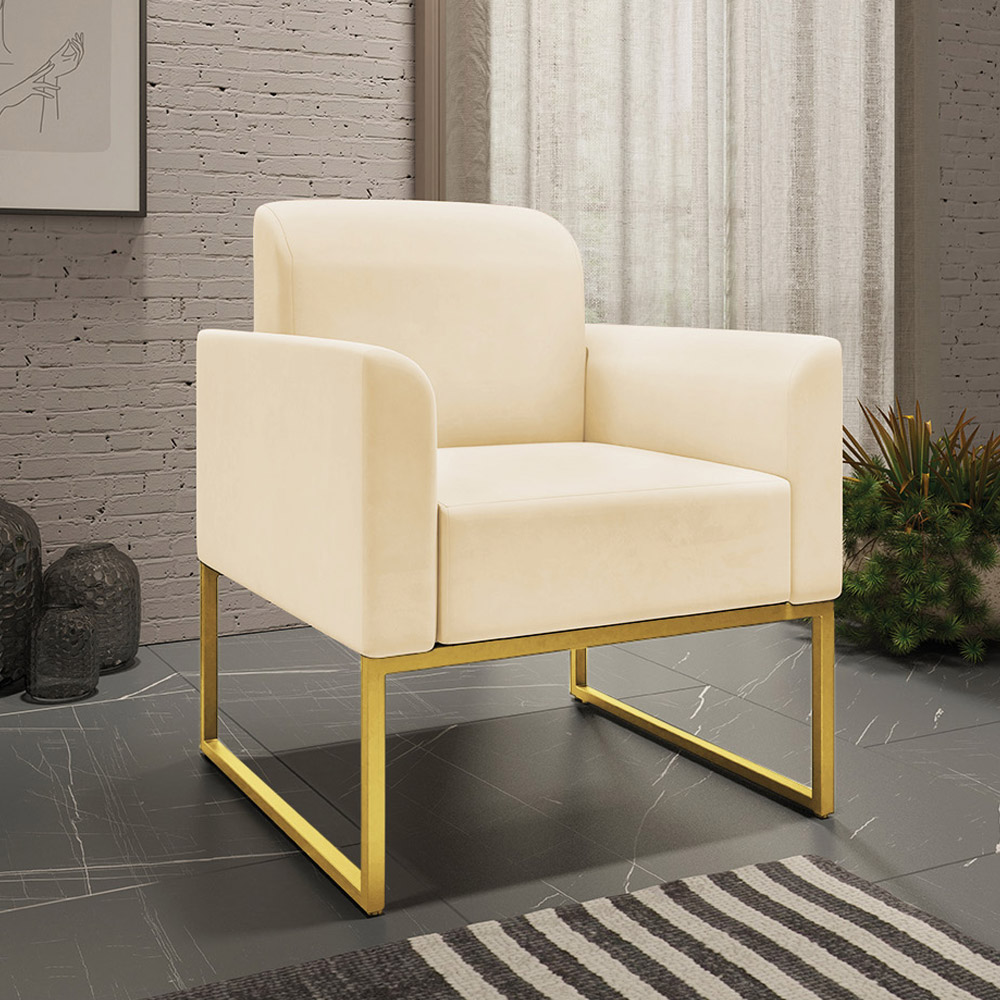 Conjunto Namoradeira e Poltrona Decorativa Isabella Base Industrial Suede Bege/Dourado G19 - Gran Belo