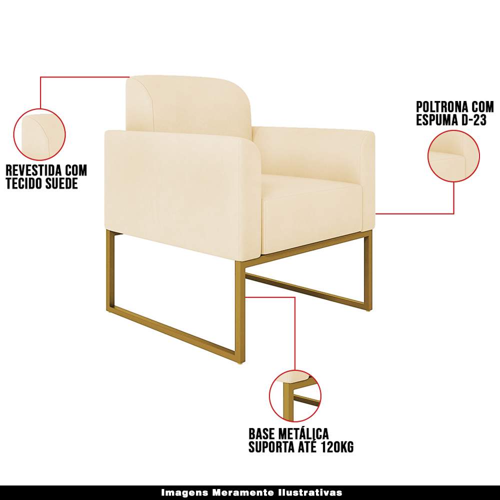 Conjunto Namoradeira e Poltrona Decorativa Isabella Base Industrial Suede Bege/Dourado G19 - Gran Belo