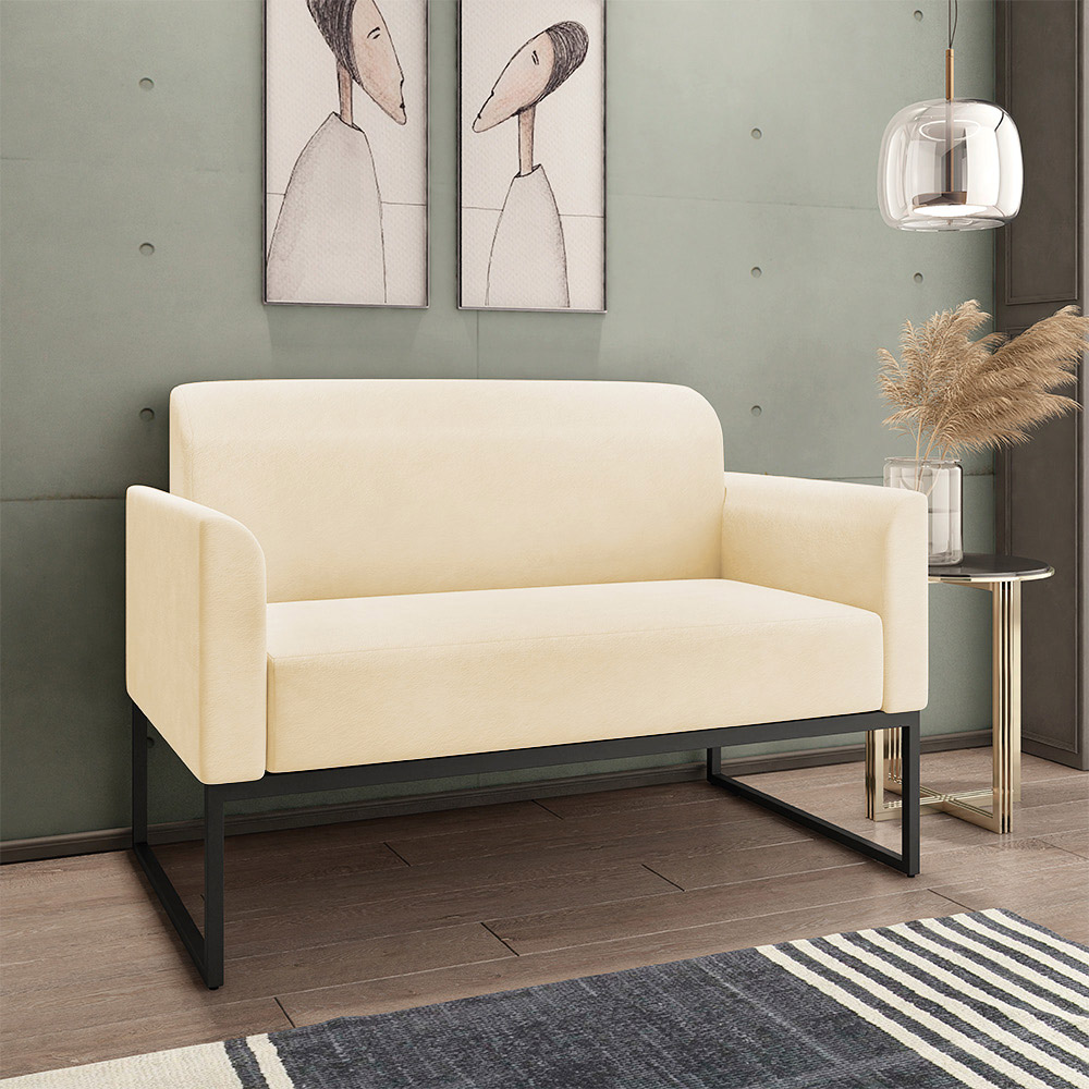 Conjunto Namoradeira e Poltrona Decorativa Isabella Base Industrial Suede Bege/Preto G19 - Gran Belo