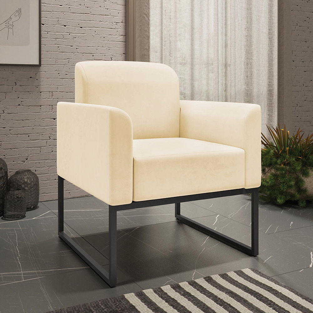 Conjunto Namoradeira e Poltrona Decorativa Isabella Base Industrial Suede Bege/Preto G19 - Gran Belo