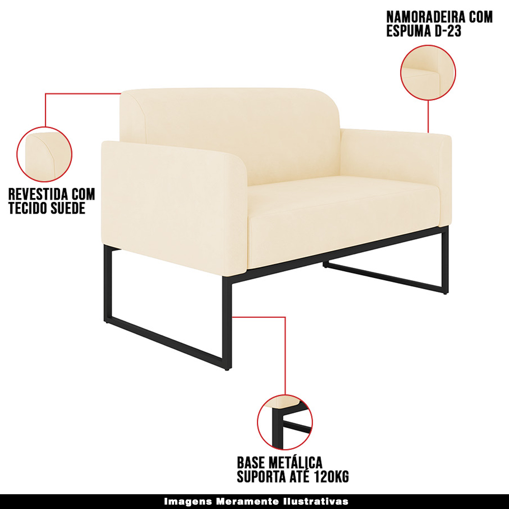 Conjunto Namoradeira e Poltrona Decorativa Isabella Base Industrial Suede Bege/Preto G19 - Gran Belo