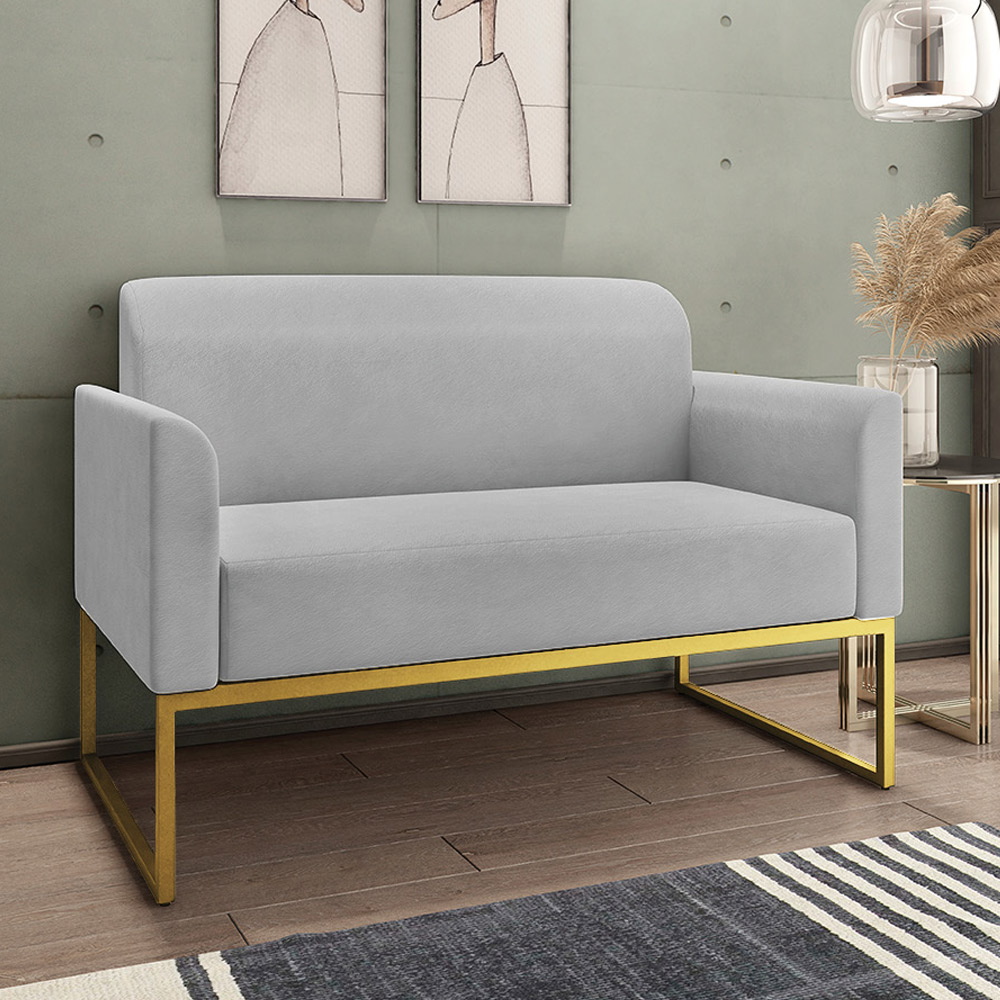 Conjunto Namoradeira e Poltrona Decorativa Isabella Base Industrial Suede Cinza/Dourado G19 - Gran Belo