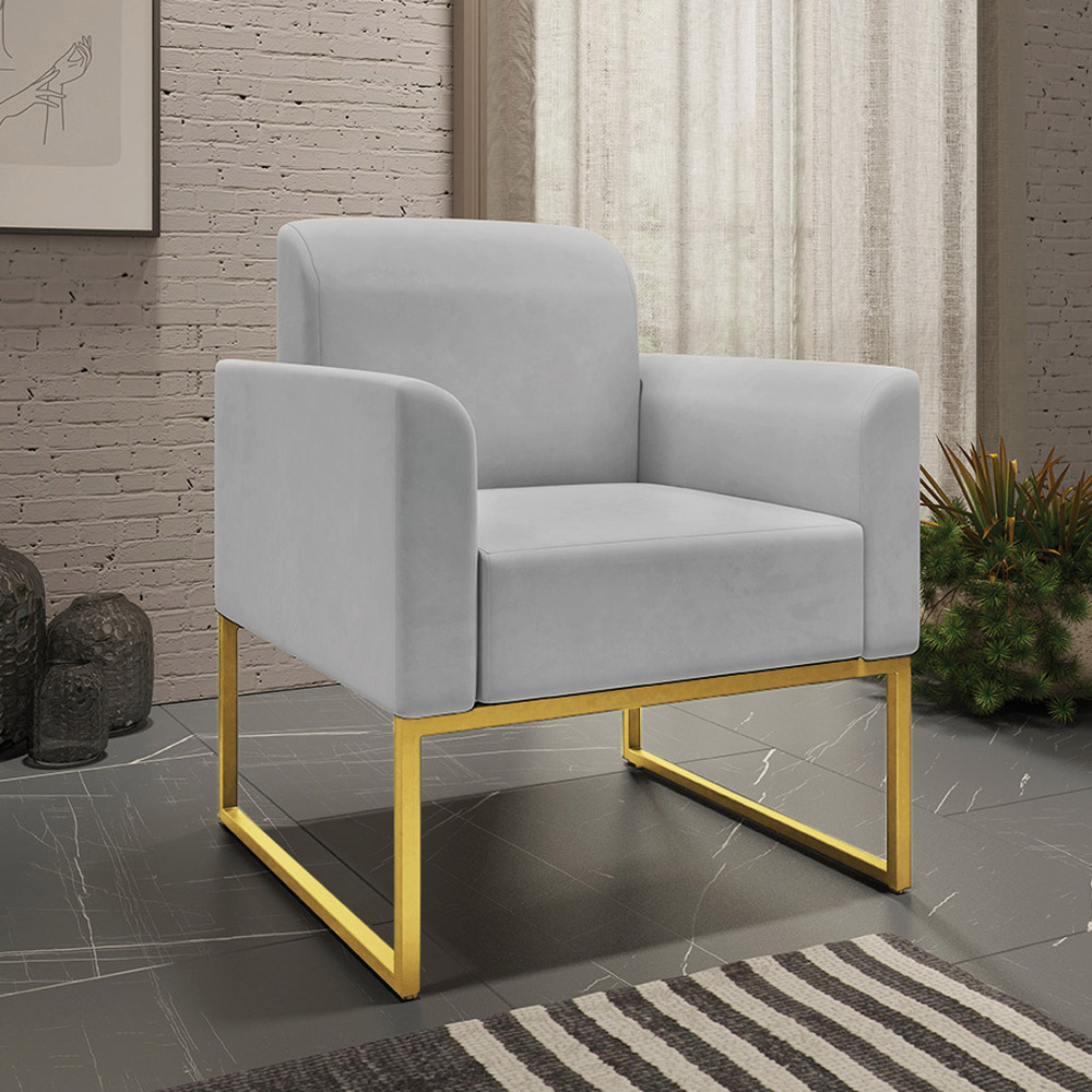 Conjunto Namoradeira e Poltrona Decorativa Isabella Base Industrial Suede Cinza/Dourado G19 - Gran Belo