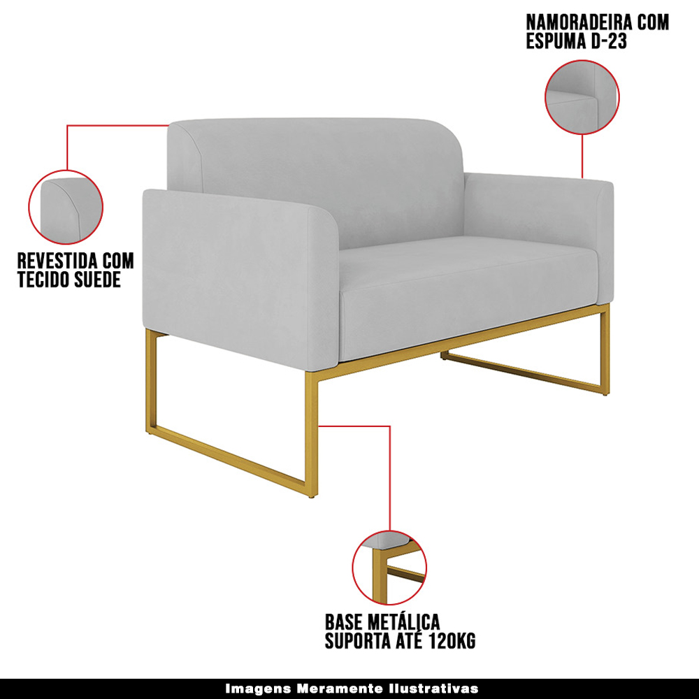 Conjunto Namoradeira e Poltrona Decorativa Isabella Base Industrial Suede Cinza/Dourado G19 - Gran Belo