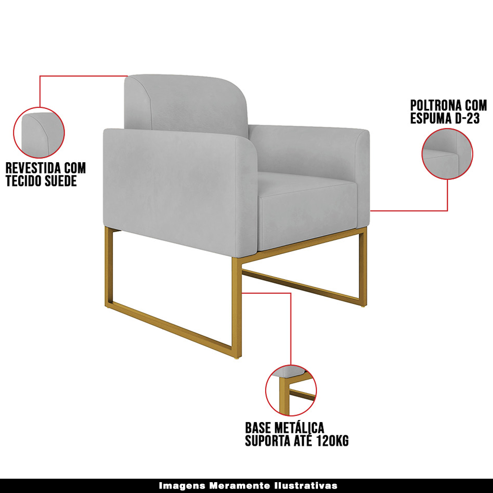 Conjunto Namoradeira e Poltrona Decorativa Isabella Base Industrial Suede Cinza/Dourado G19 - Gran Belo