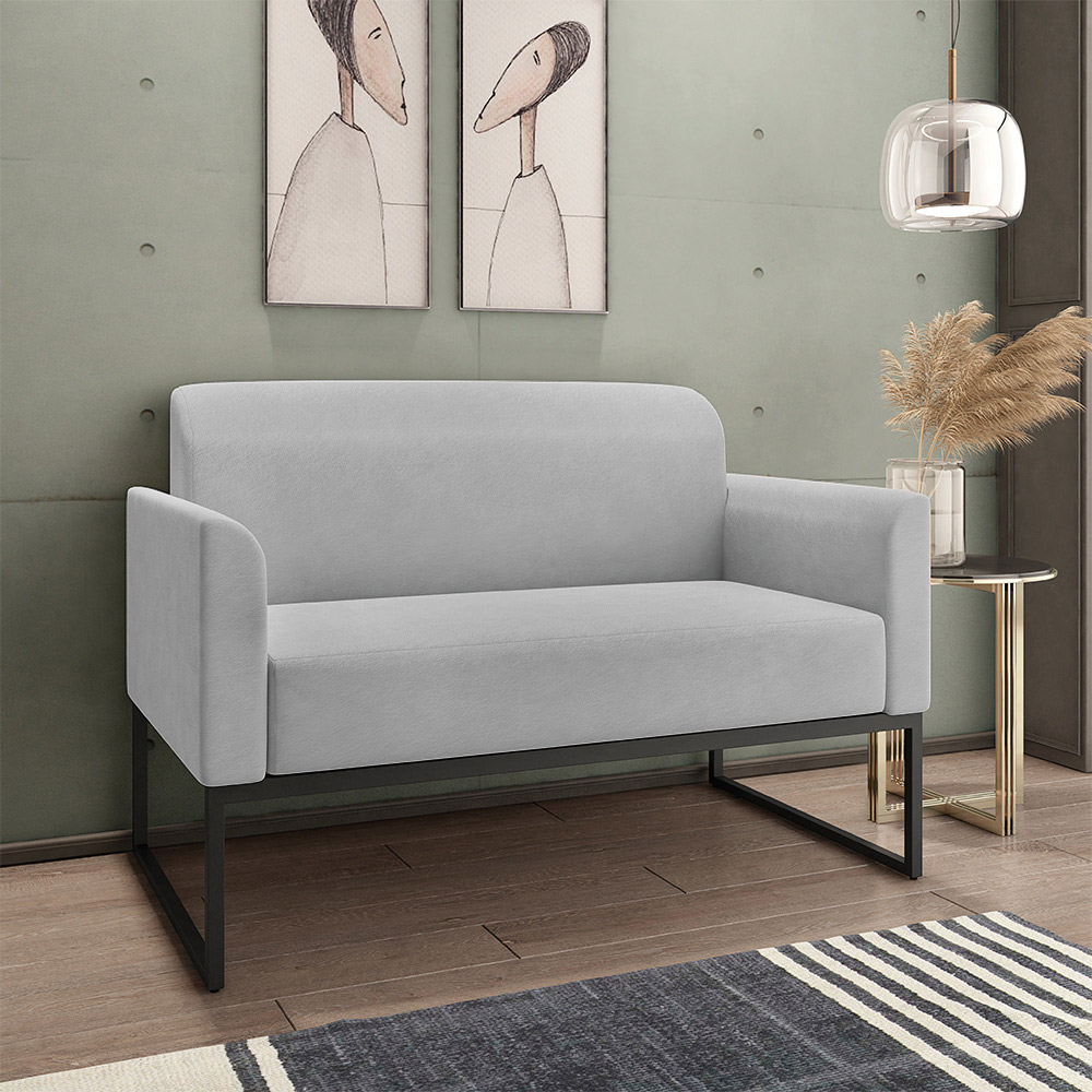 Conjunto Namoradeira e Poltrona Decorativa Isabella Base Industrial Suede Cinza/Preto G19 - Gran Belo