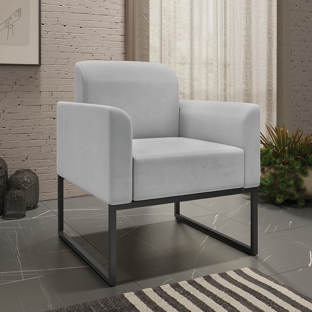 Conjunto Namoradeira e Poltrona Decorativa Isabella Base Industrial Suede Cinza/Preto G19 - Gran Belo