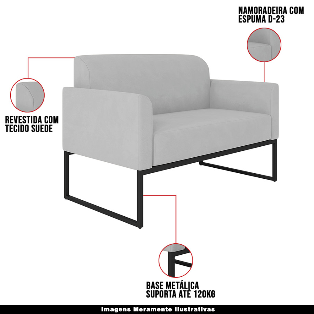 Conjunto Namoradeira e Poltrona Decorativa Isabella Base Industrial Suede Cinza/Preto G19 - Gran Belo