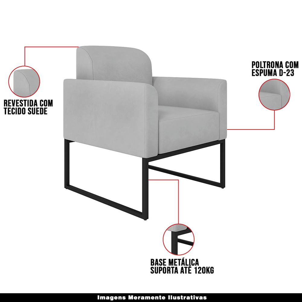 Conjunto Namoradeira e Poltrona Decorativa Isabella Base Industrial Suede Cinza/Preto G19 - Gran Belo