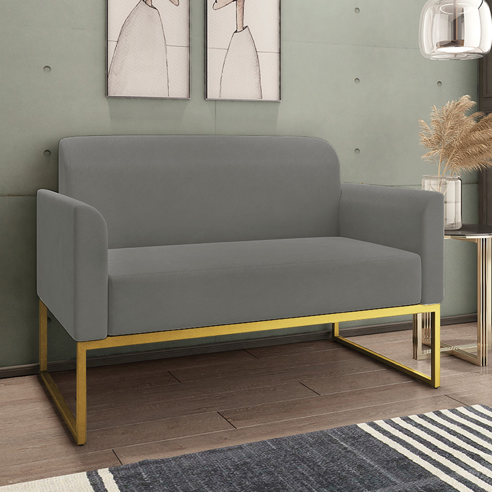 Conjunto Namoradeira e Poltrona Decorativa Isabella Base Industrial Suede Grafite/Dourado G19 - Gran Belo