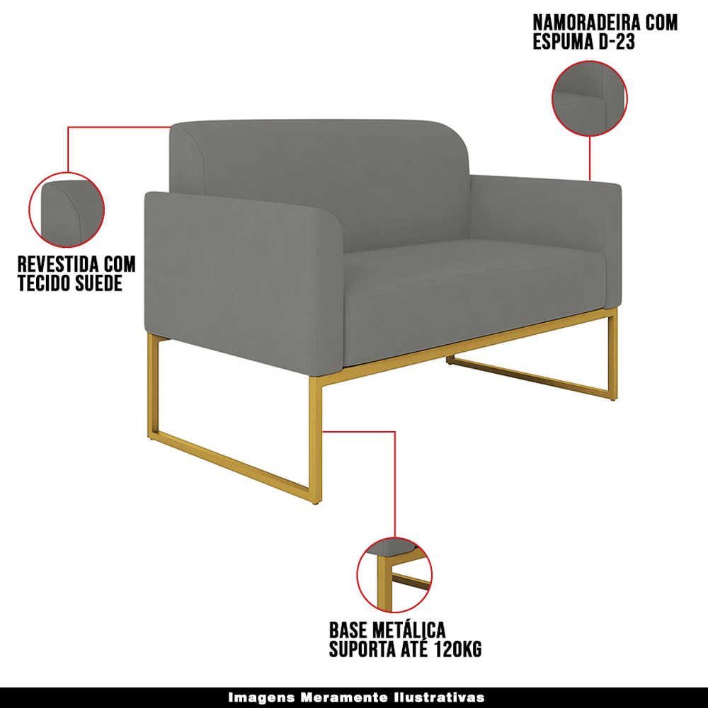 Conjunto Namoradeira e Poltrona Decorativa Isabella Base Industrial Suede Grafite/Dourado G19 - Gran Belo