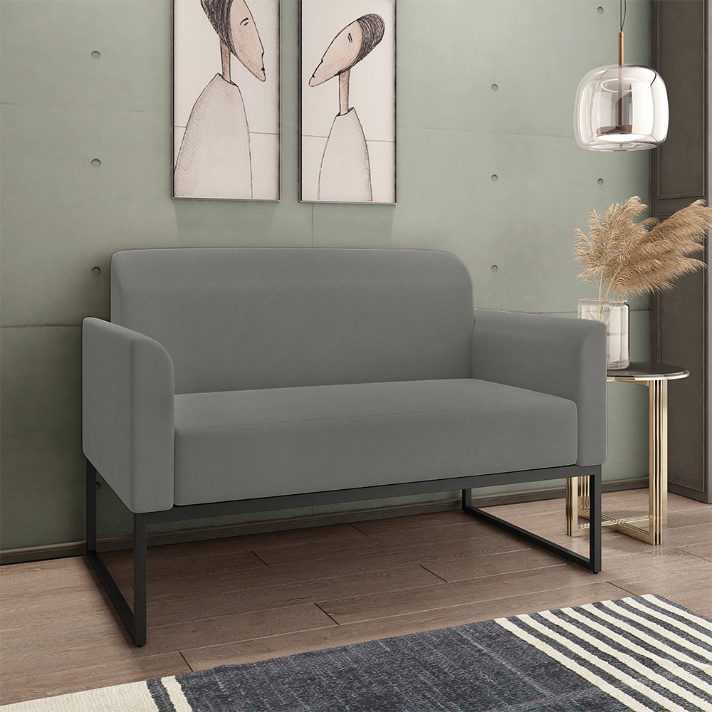 Conjunto Namoradeira e Poltrona Decorativa Isabella Base Industrial Suede Grafite/Preto G19 - Gran Belo