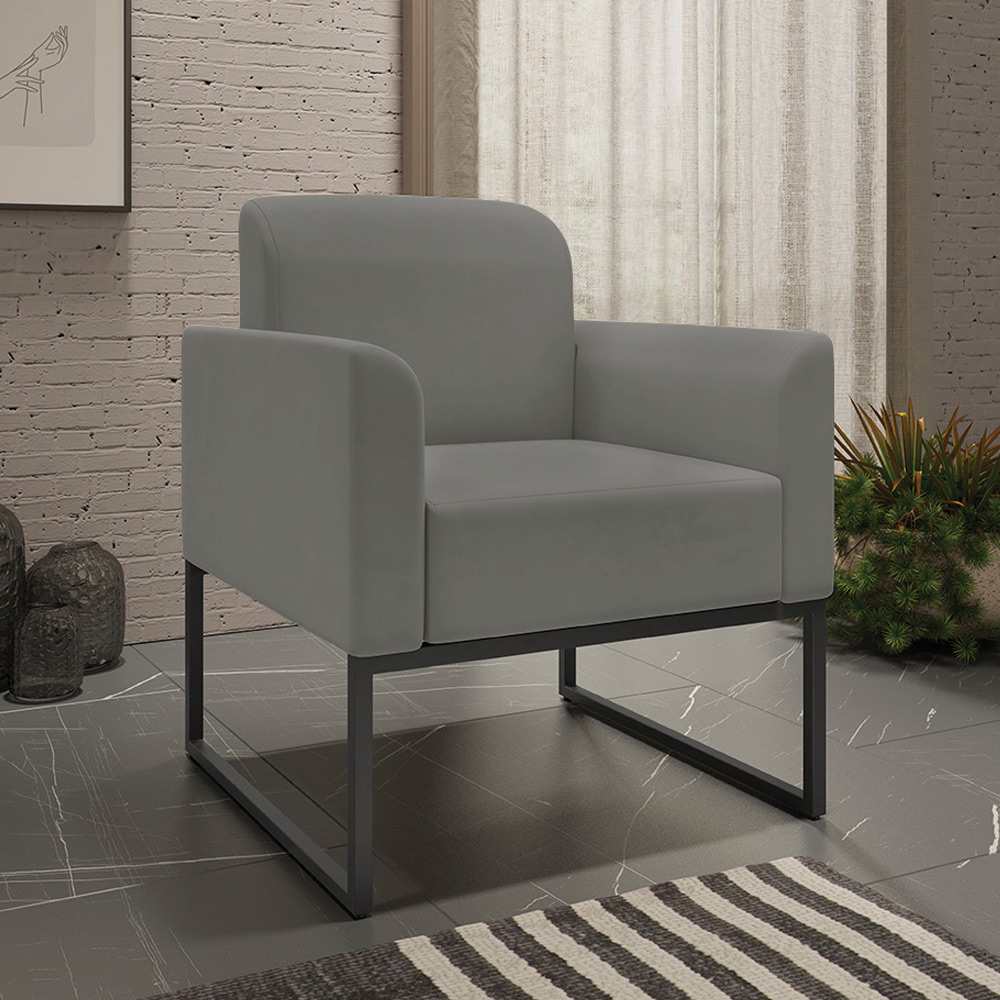 Conjunto Namoradeira e Poltrona Decorativa Isabella Base Industrial Suede Grafite/Preto G19 - Gran Belo