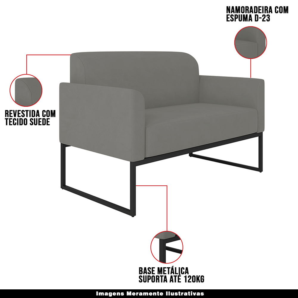 Conjunto Namoradeira e Poltrona Decorativa Isabella Base Industrial Suede Grafite/Preto G19 - Gran Belo