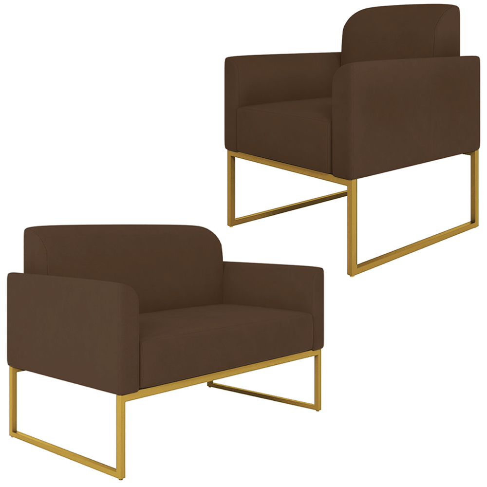 Conjunto Namoradeira e Poltrona Decorativa Isabella Base Industrial Suede Marrom/Dourado G19 - Gran Belo