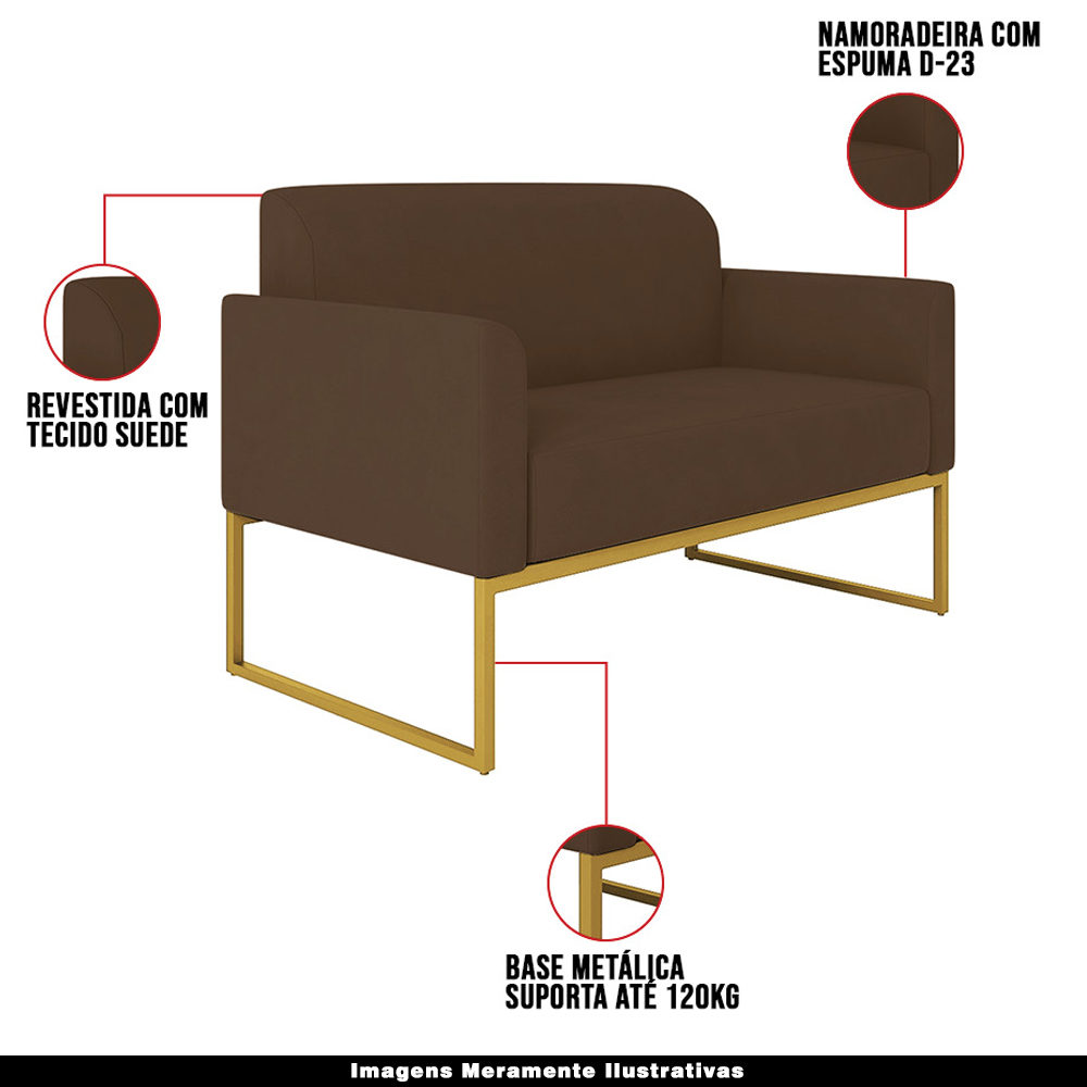 Conjunto Namoradeira e Poltrona Decorativa Isabella Base Industrial Suede Marrom/Dourado G19 - Gran Belo