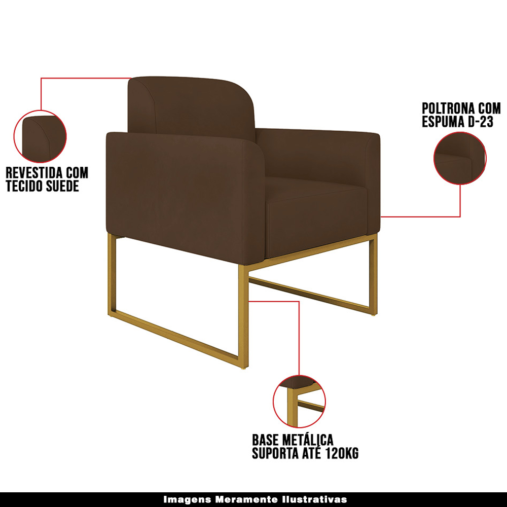 Conjunto Namoradeira e Poltrona Decorativa Isabella Base Industrial Suede Marrom/Dourado G19 - Gran Belo