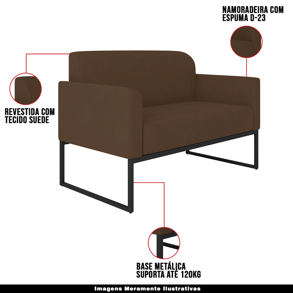 Conjunto Namoradeira e Poltrona Decorativa Isabella Base Industrial Suede Marrom/Preto G19 - Gran Belo
