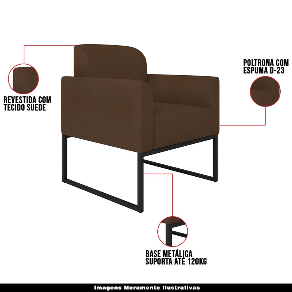 Conjunto Namoradeira e Poltrona Decorativa Isabella Base Industrial Suede Marrom/Preto G19 - Gran Belo