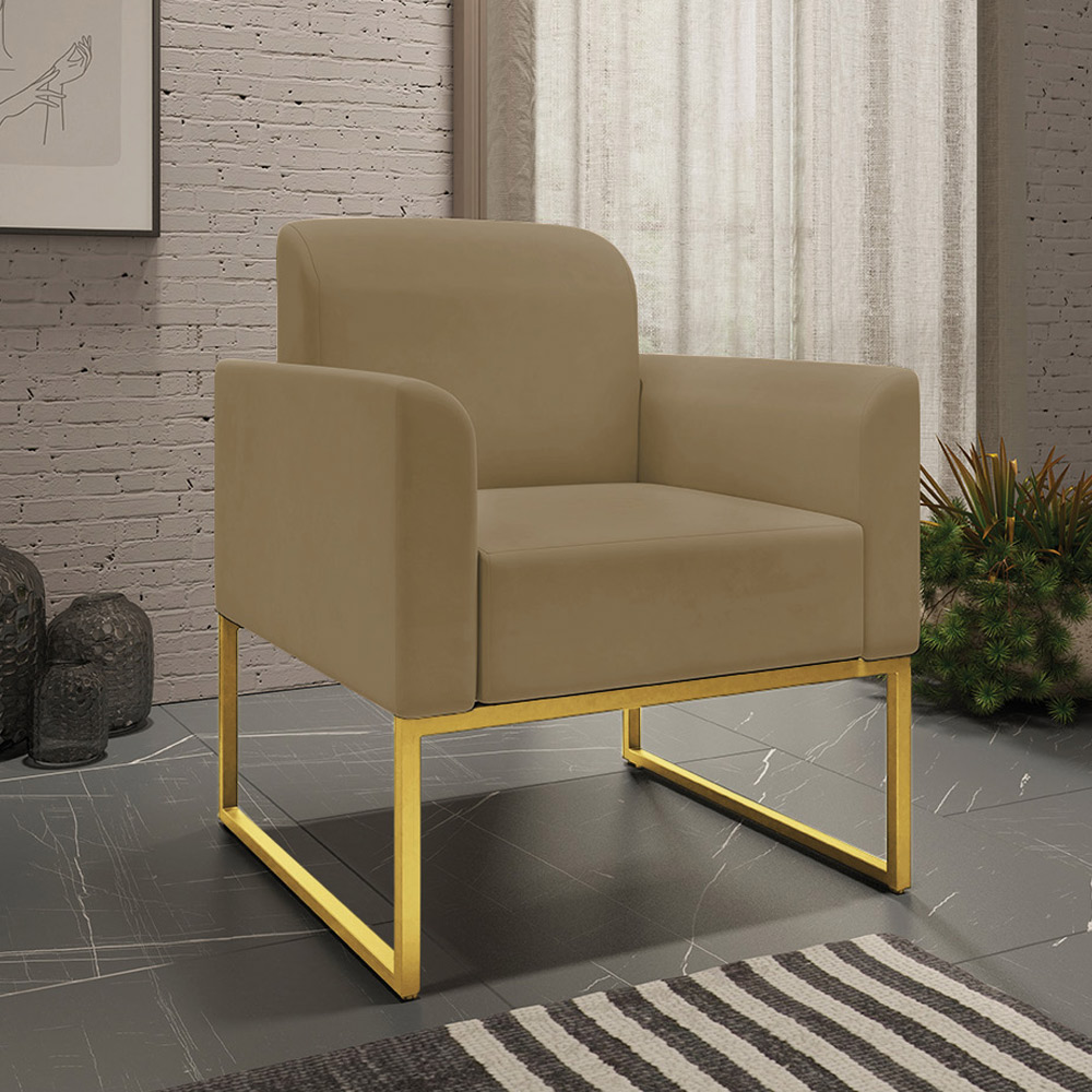 Conjunto Namoradeira e Poltrona Decorativa Isabella Base Industrial Suede Nude/Dourado G19 - Gran Belo