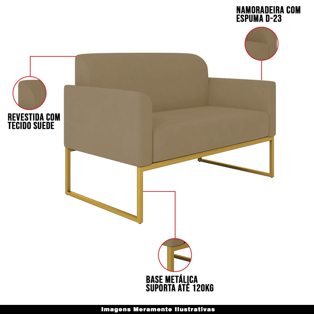 Conjunto Namoradeira e Poltrona Decorativa Isabella Base Industrial Suede Nude/Dourado G19 - Gran Belo