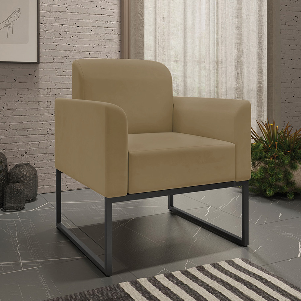 Conjunto Namoradeira e Poltrona Decorativa Isabella Base Industrial Suede Nude/Preto G19 - Gran Belo