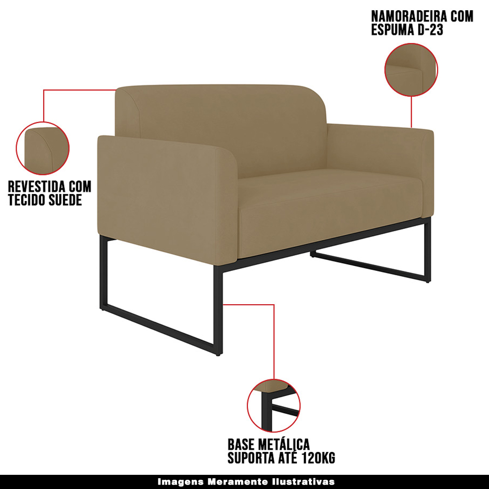 Conjunto Namoradeira e Poltrona Decorativa Isabella Base Industrial Suede Nude/Preto G19 - Gran Belo