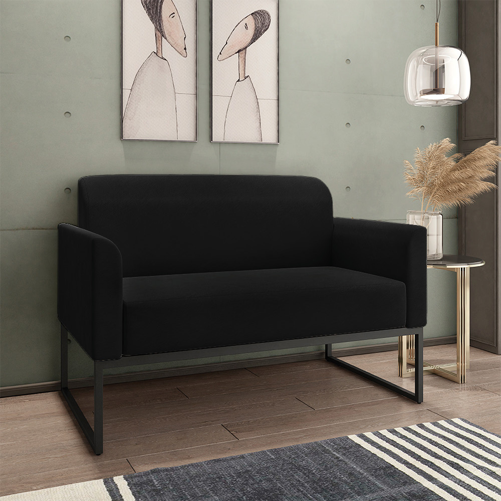 Conjunto Namoradeira e Poltrona Decorativa Isabella Base Industrial Suede Preto G19 - Gran Belo