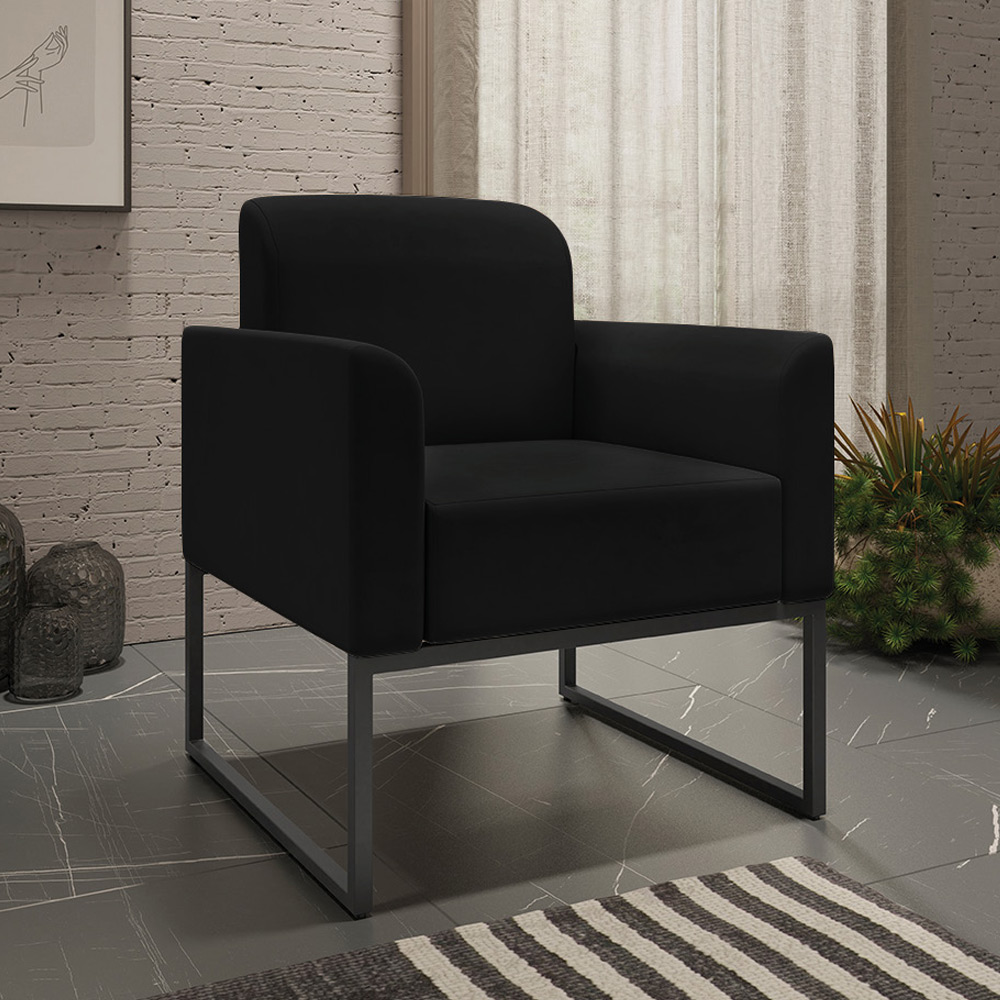 Conjunto Namoradeira e Poltrona Decorativa Isabella Base Industrial Suede Preto G19 - Gran Belo