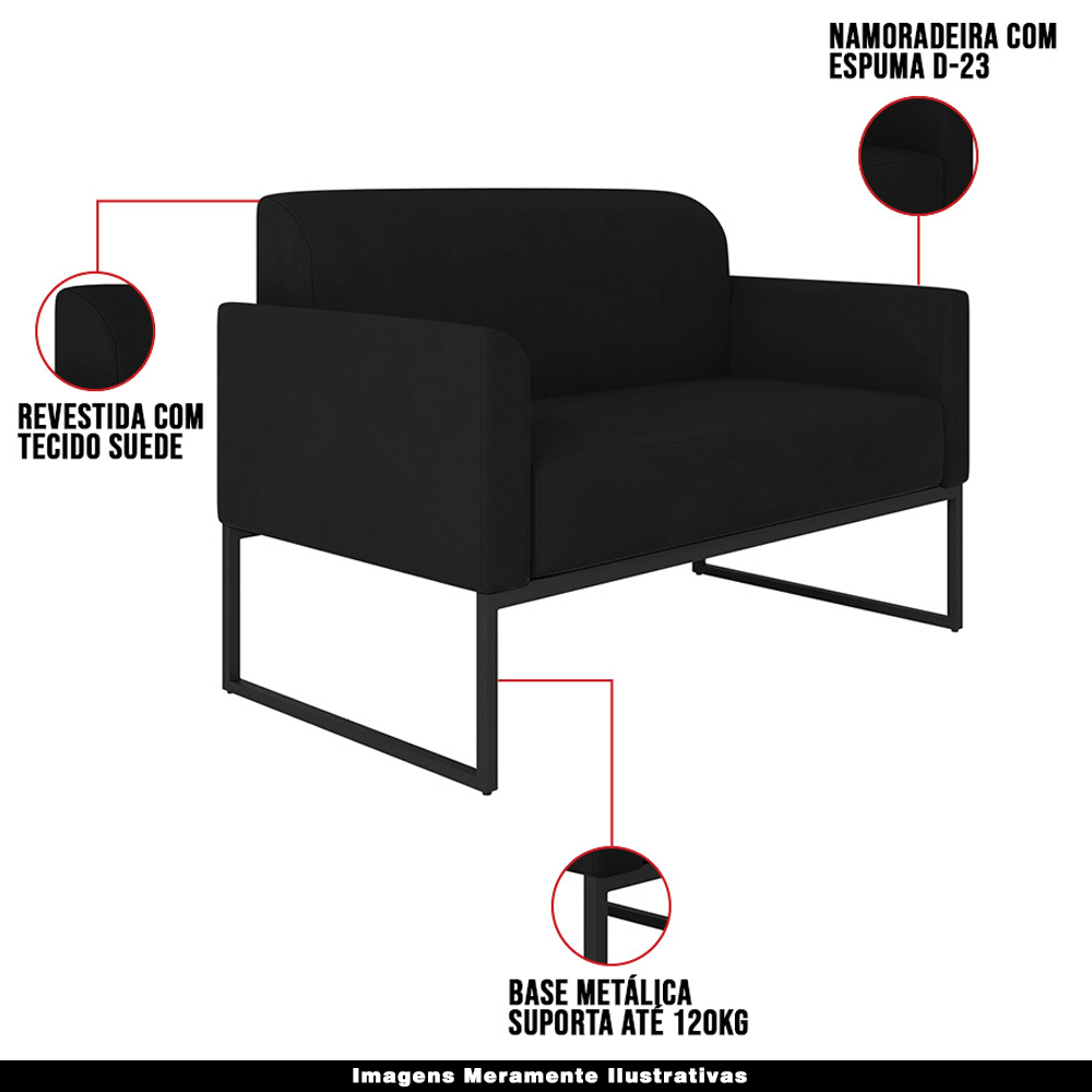 Conjunto Namoradeira e Poltrona Decorativa Isabella Base Industrial Suede Preto G19 - Gran Belo