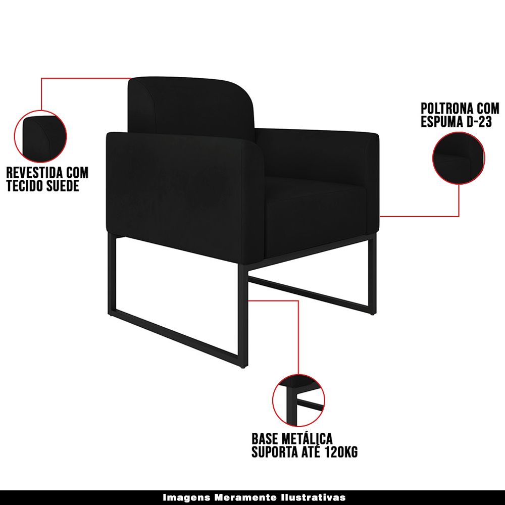 Conjunto Namoradeira e Poltrona Decorativa Isabella Base Industrial Suede Preto G19 - Gran Belo
