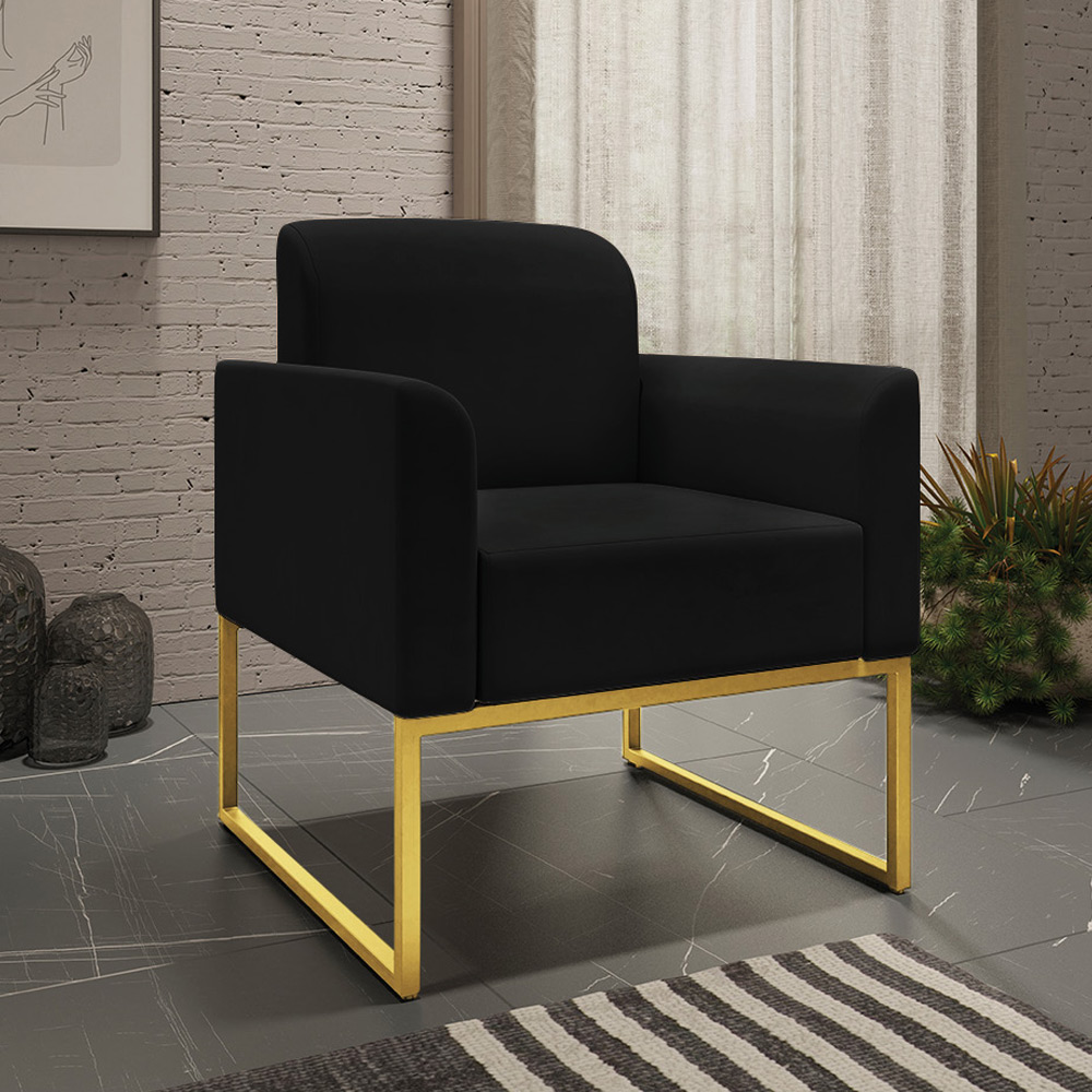 Conjunto Namoradeira e Poltrona Decorativa Isabella Base Industrial Suede Preto/Dourado G19 - Gran Belo