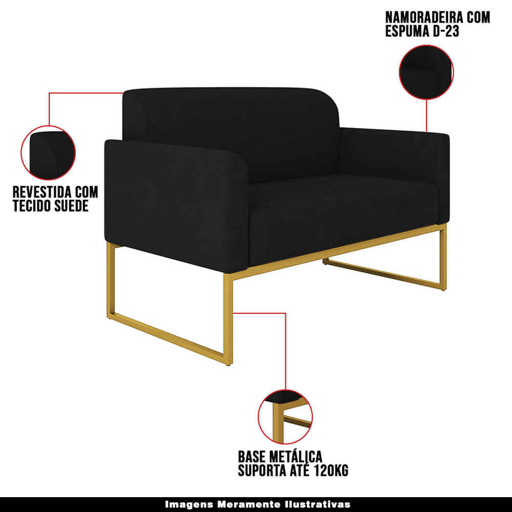 Conjunto Namoradeira e Poltrona Decorativa Isabella Base Industrial Suede Preto/Dourado G19 - Gran Belo