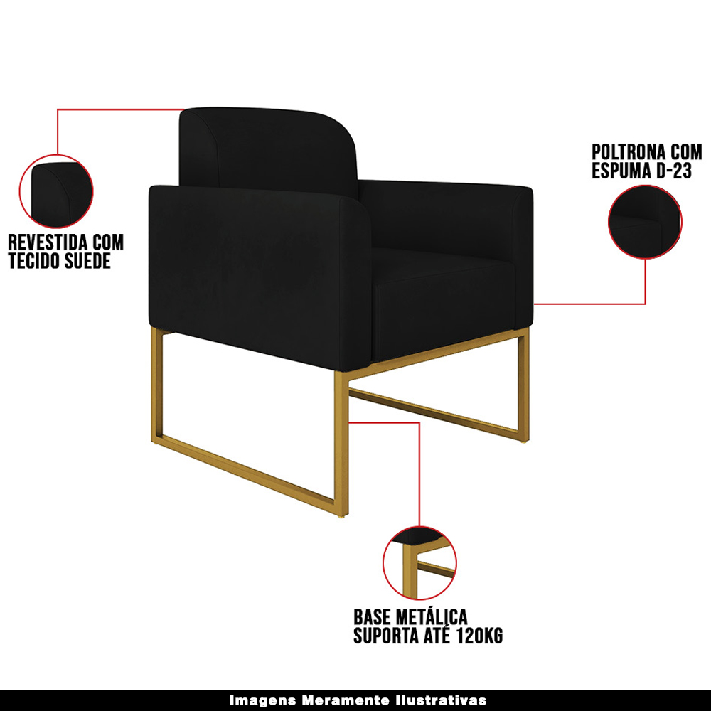 Conjunto Namoradeira e Poltrona Decorativa Isabella Base Industrial Suede Preto/Dourado G19 - Gran Belo