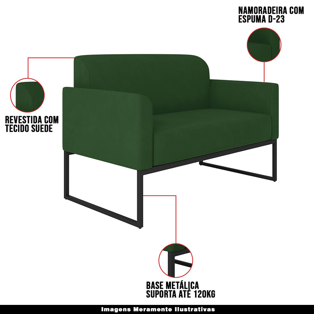 Conjunto Namoradeira e Poltrona Decorativa Isabella Base Industrial Suede Verde/Preto G19 - Gran Belo