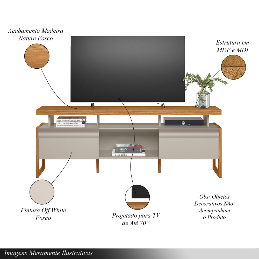 Conjunto Painel Extensível Rack Tremonti/Elora TV até 70 Polegadas Nature/Off White G77 - Gran Belo