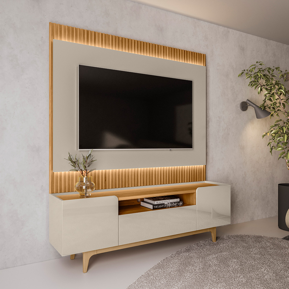 Conjunto Painel Rack Bancada Singapura/Flórida TV até 75 Polegadas Tauari/Off White G77 - Gran Belo
