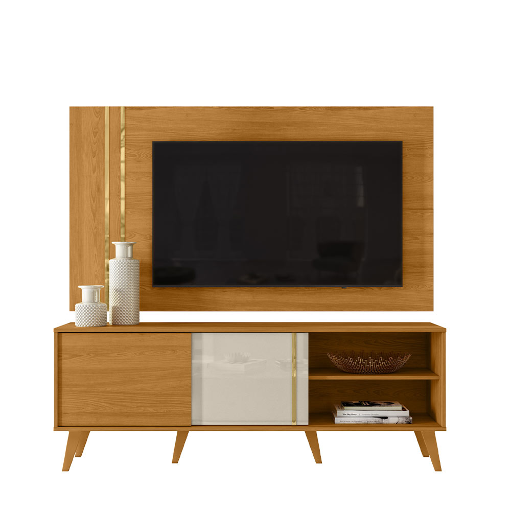 Conjunto Painel com Bancada Atreus Portas Deslizantes MDP até 60 Cinamomo/OffWhite G97 - Gran Belo