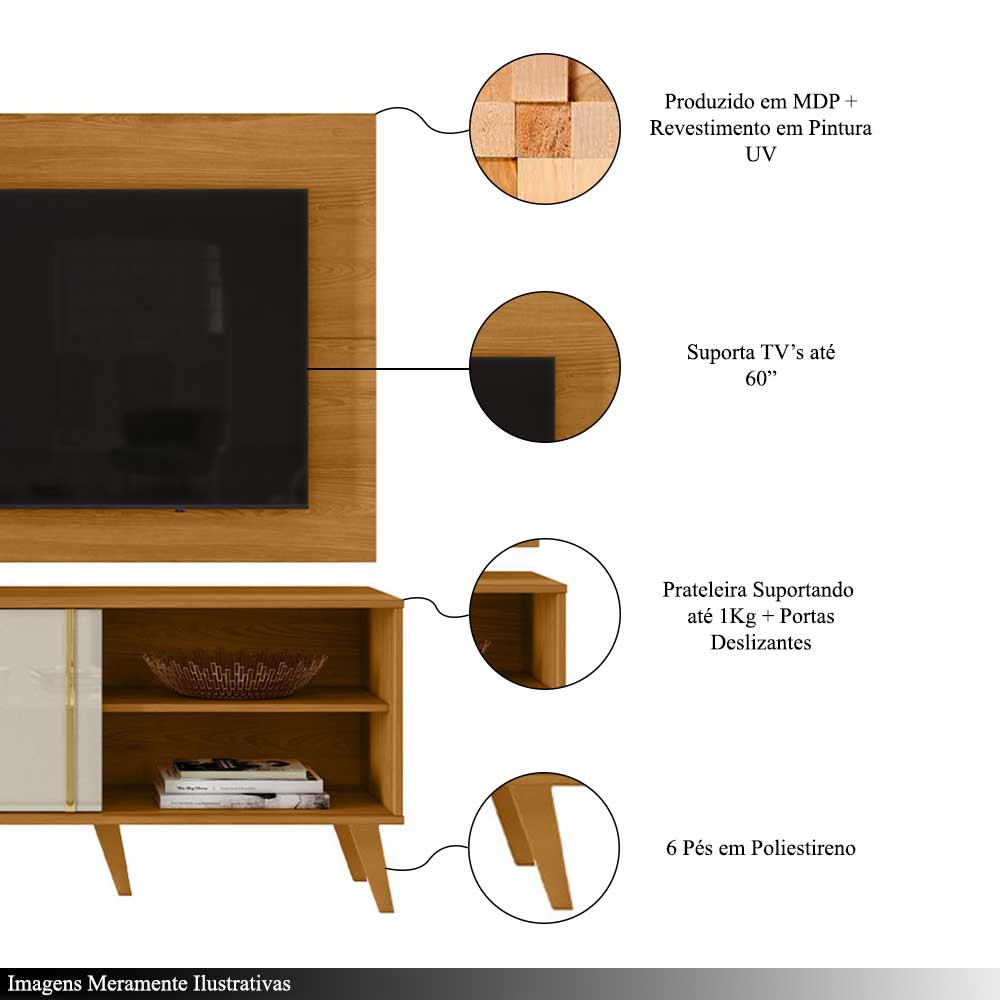 Conjunto Painel com Bancada Atreus Portas Deslizantes MDP até 60 Cinamomo/OffWhite G97 - Gran Belo