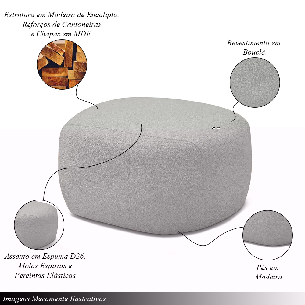 Conjunto Poltrona Base Fixa e Puff Decorativo Charlote Sala de Estar Bouclê Cinza G88 - Gran Belo