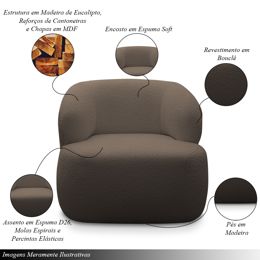Conjunto Poltrona Base Fixa e Puff Decorativo Charlote Sala de Estar Bouclê Marrom G88 - Gran Belo