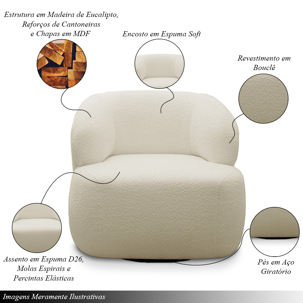 Conjunto Poltrona Base Giratória e Puff Decorativo Charlote Sala de Estar Bouclê Bege G88 - Gran Belo