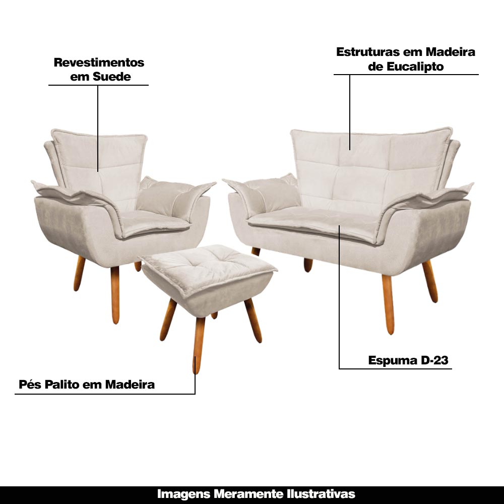 Conjunto Poltrona Puff e Namoradeira Pés Palito Charger Suede Bege G19 - Gran Belo