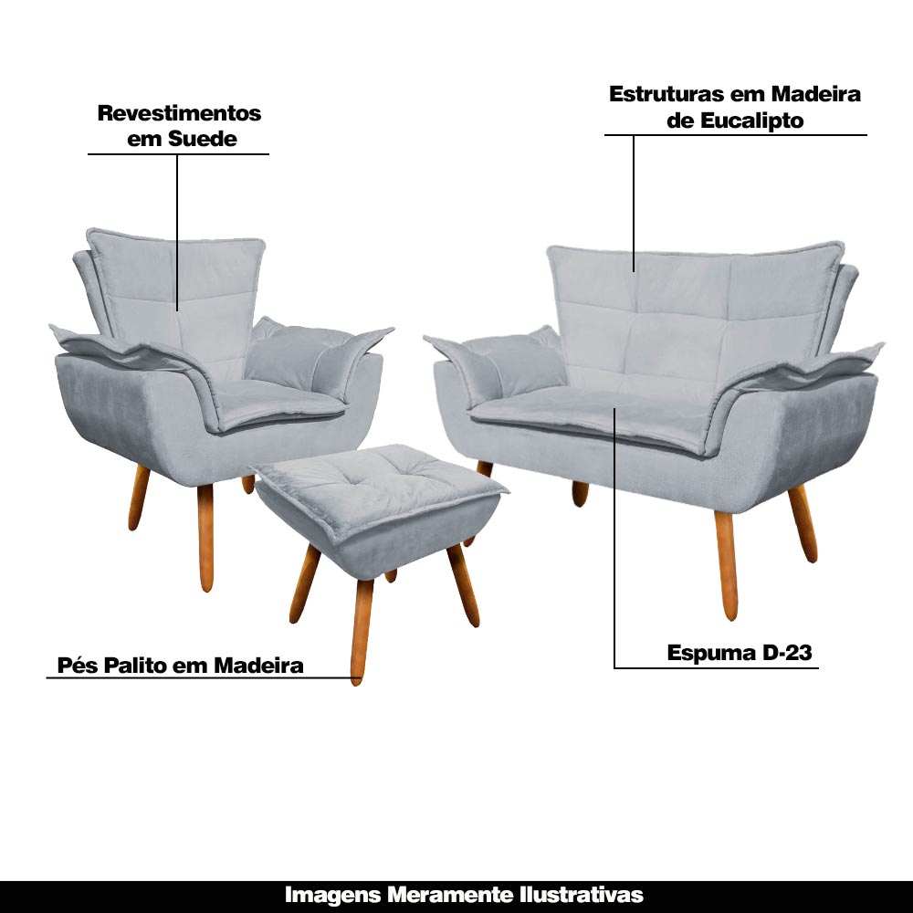 Conjunto Poltrona Puff e Namoradeira Pés Palito Charger Suede Cinza G19 - Gran Belo