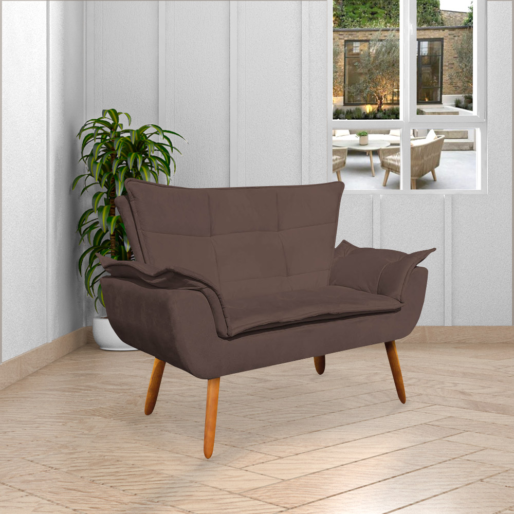 Conjunto Poltrona Puff e Namoradeira Pés Palito Charger Suede Marrom G19 - Gran Belo