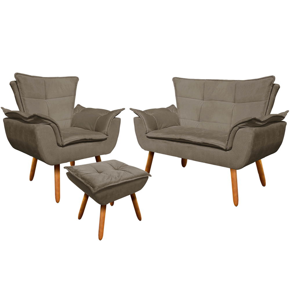 Conjunto Poltrona Puff e Namoradeira Pés Palito Charger Suede Nude G19 - Gran Belo
