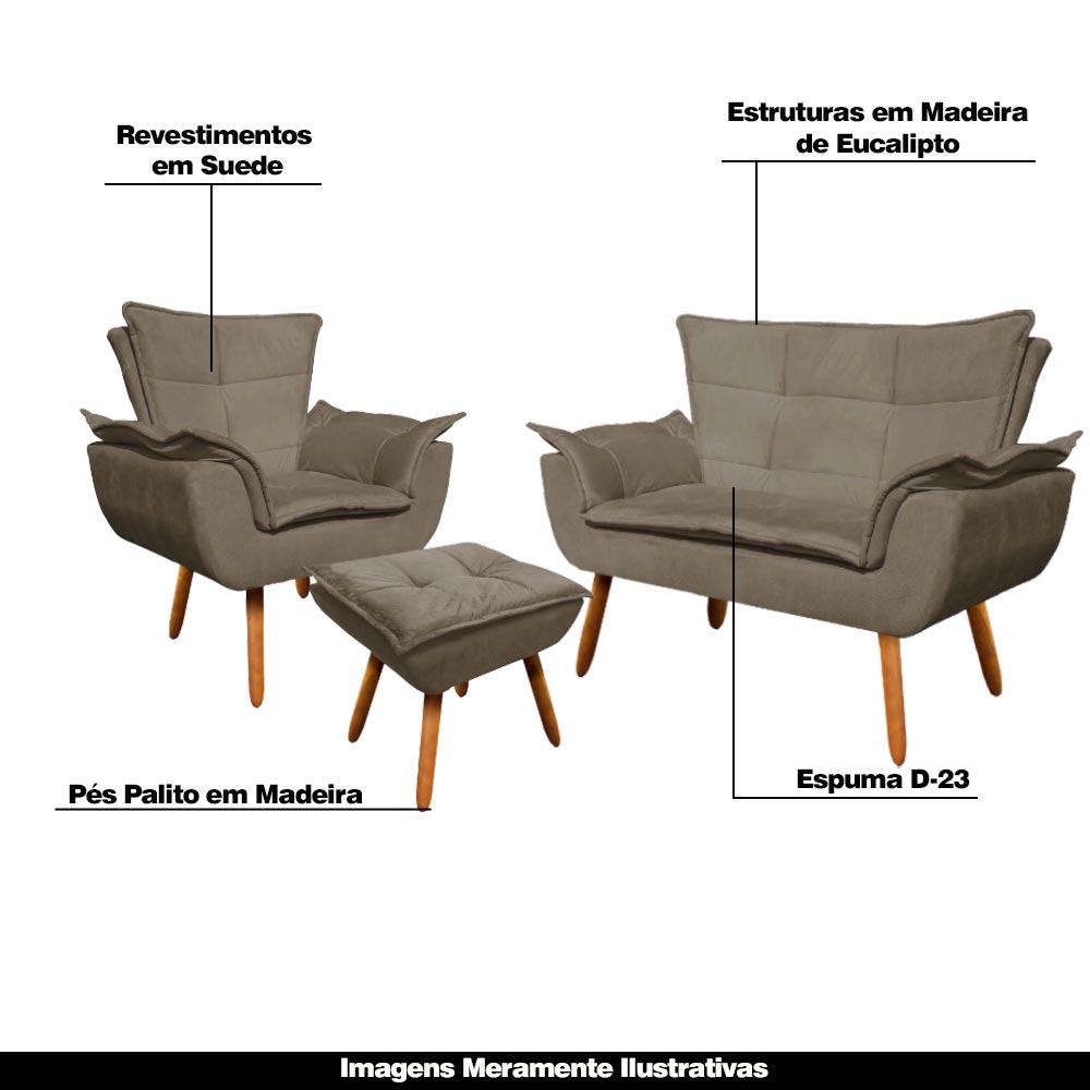 Conjunto Poltrona Puff e Namoradeira Pés Palito Charger Suede Nude G19 - Gran Belo