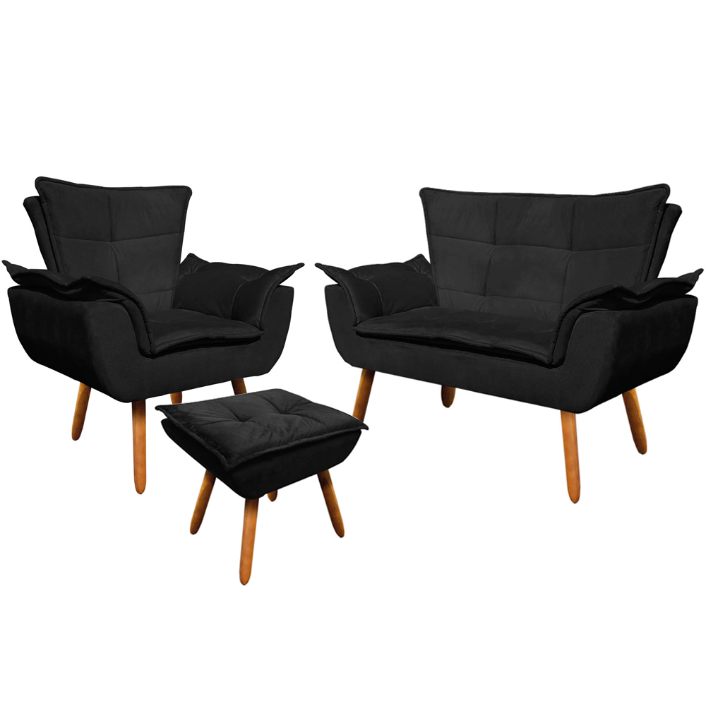 Conjunto Poltrona Puff e Namoradeira Pés Palito Charger Suede Preto G19 - Gran Belo