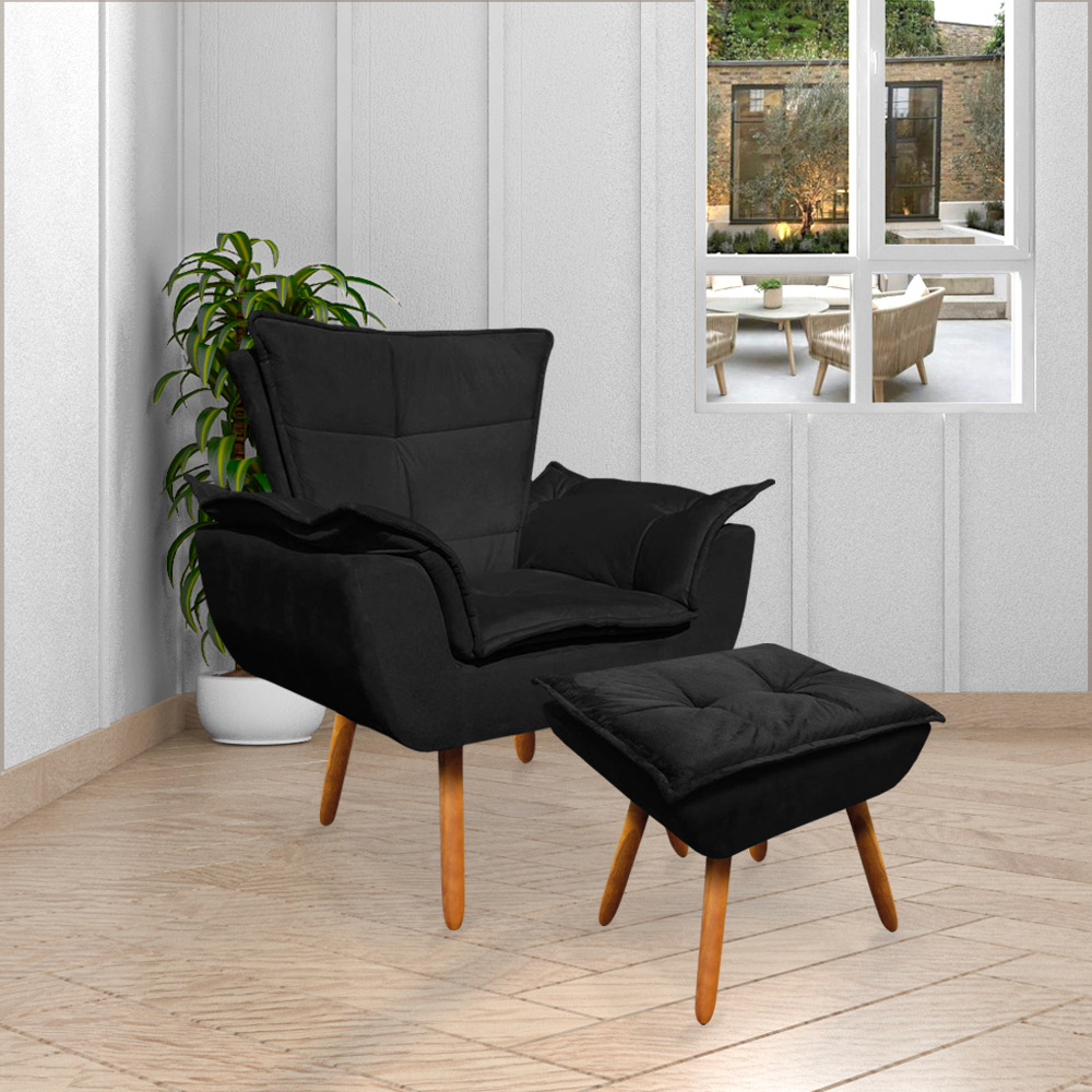 Conjunto Poltrona Puff e Namoradeira Pés Palito Charger Suede Preto G19 - Gran Belo