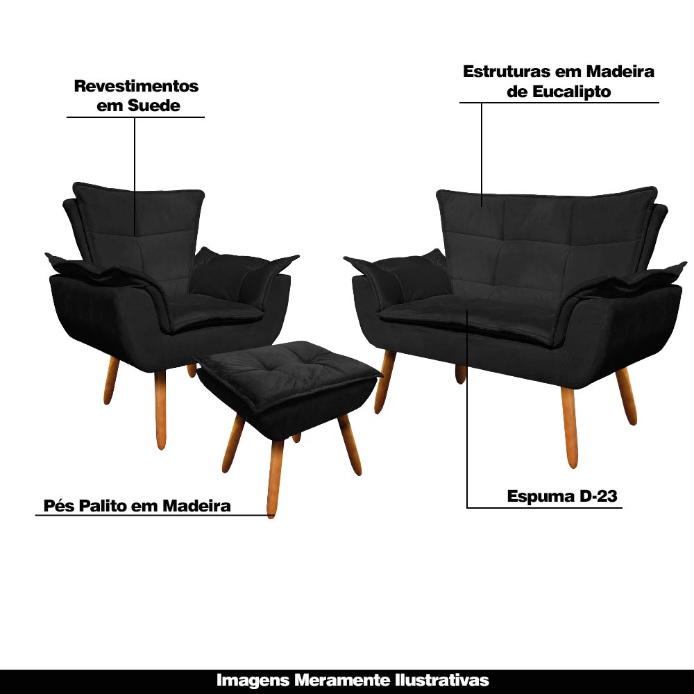 Conjunto Poltrona Puff e Namoradeira Pés Palito Charger Suede Preto G19 - Gran Belo